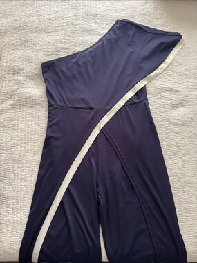 One-Shoulder Navy Jumpsuit with White Trim